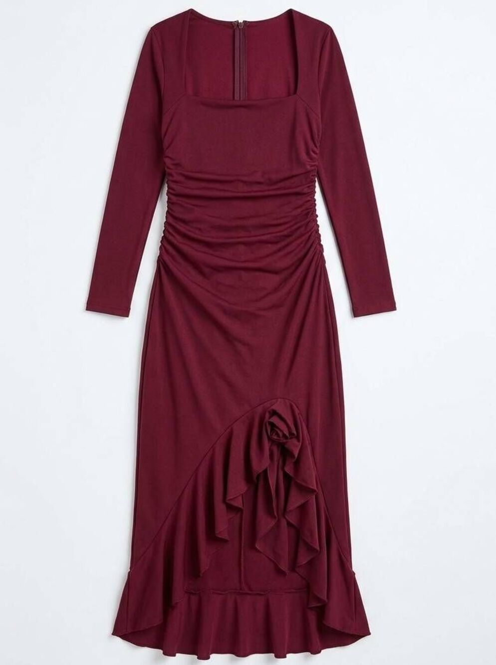 ☔️🩵NWOT Burgundy Fitted Ruched Ruffle Hem Mesh Long Sleeve Dress Medium